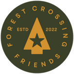 Circular Forest Crossing Friends Book Series Badge with pine tree in the middle