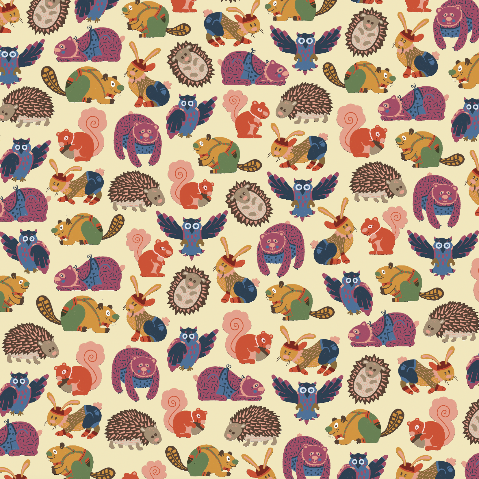pattern of forest animals including a squirrel, beaver, bunny, porcupine, and bear