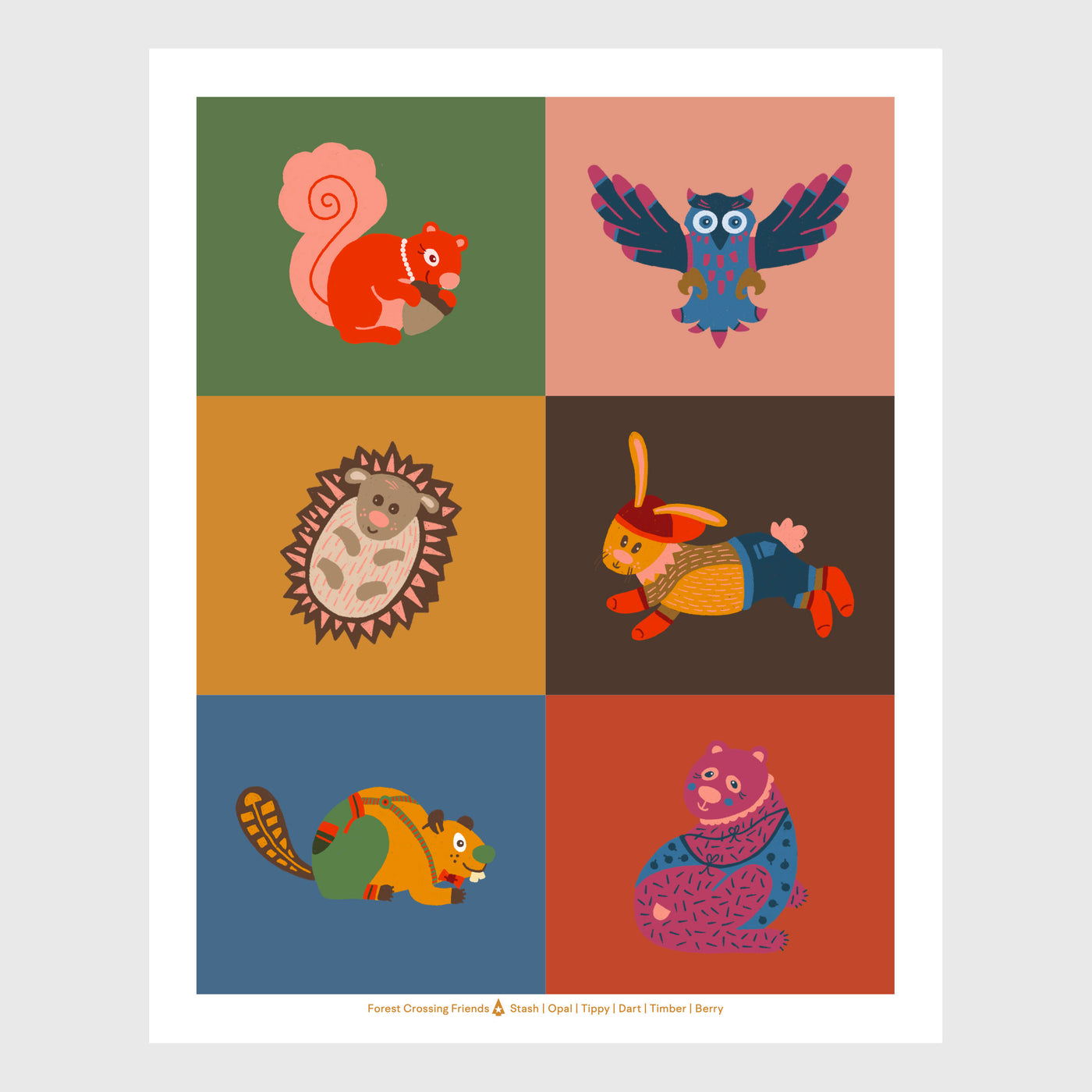 8x10 print of forest critters on colorful square grid background; porcupine, beaver, owl, squirrel, rabbit, bear