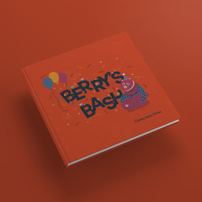 "Berry's Bash" hardcover book cover; features a purple bear wearing a party hat, bear is surrounded by confetti and balloons, handlettering