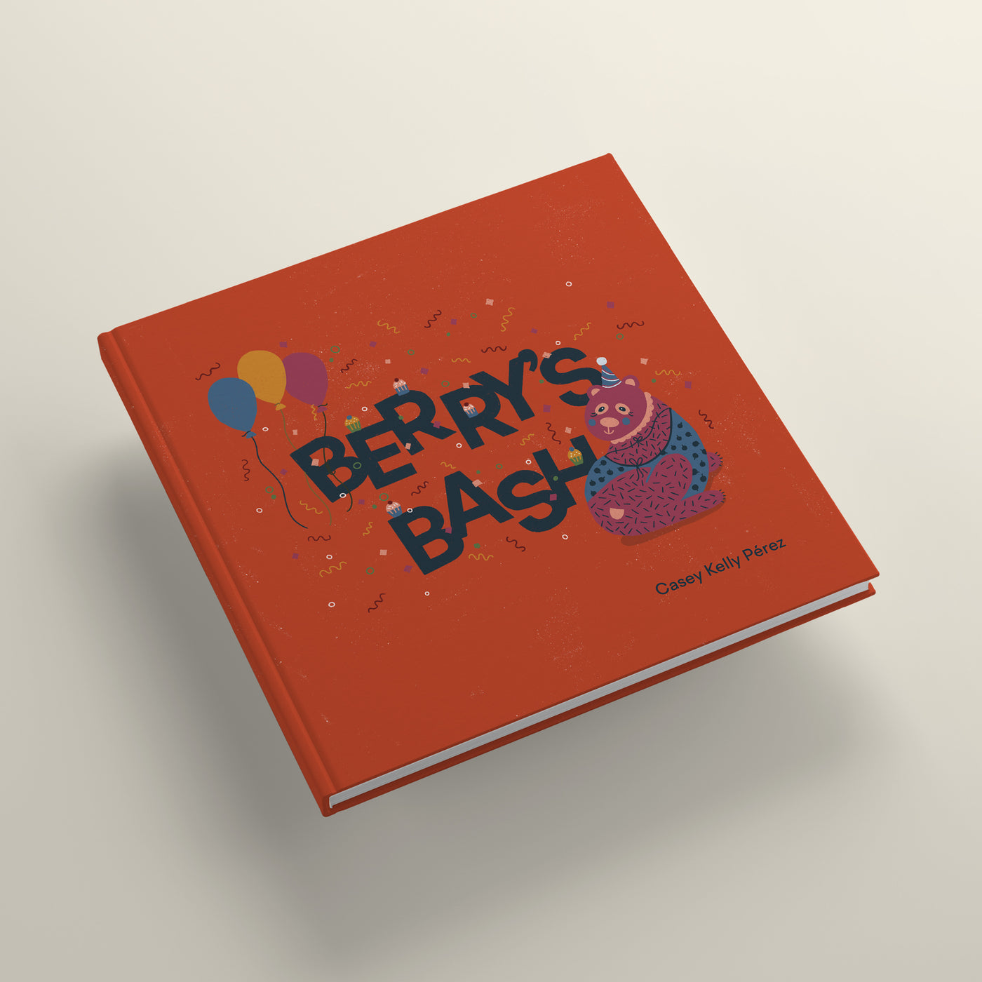 "Berry's Bash" hardcover book cover; features a purple bear wearing a party hat, bear is surrounded by confetti and balloons, handlettering