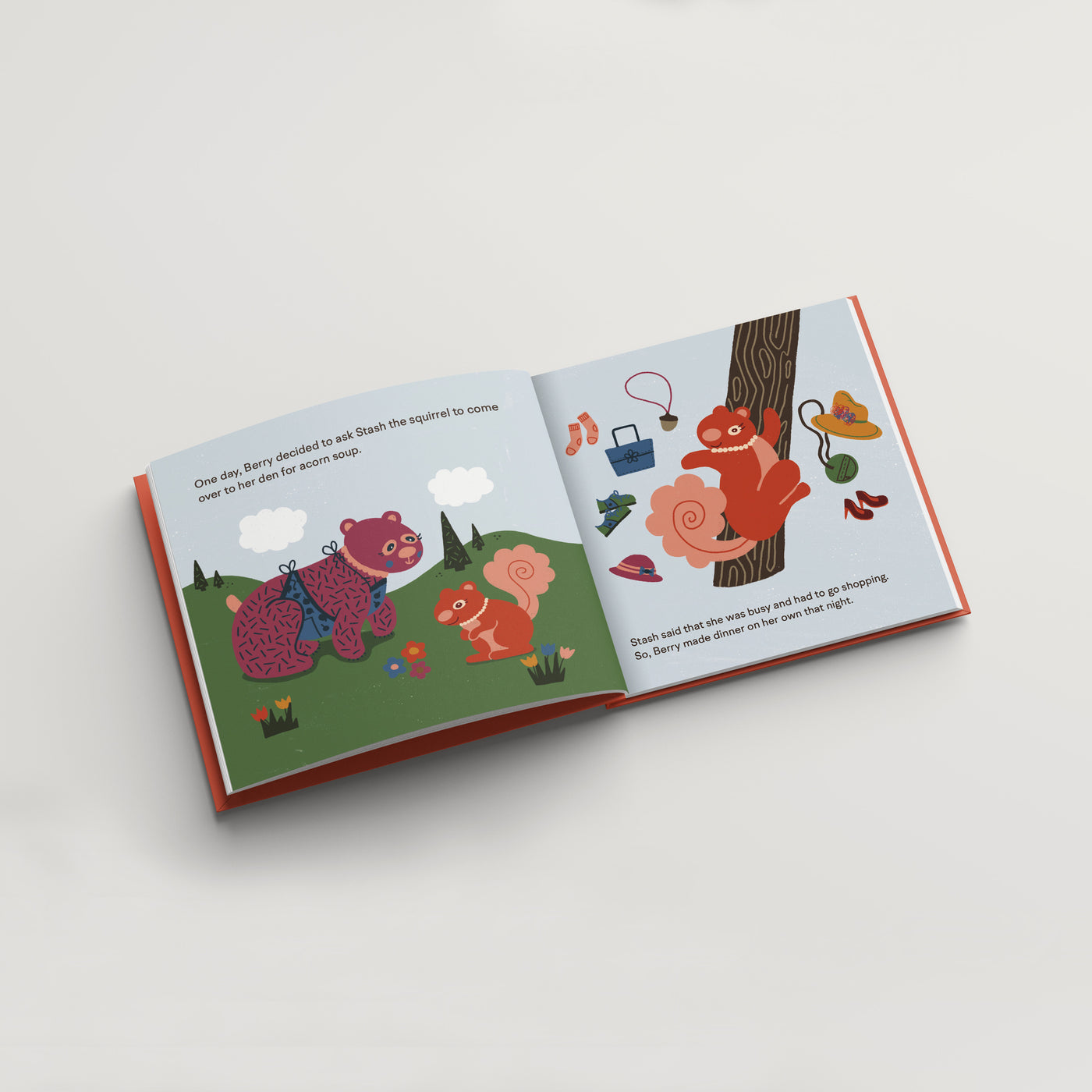 spread of interior of "Berry's Bash" book, Berry is talking to Stash the squirrel